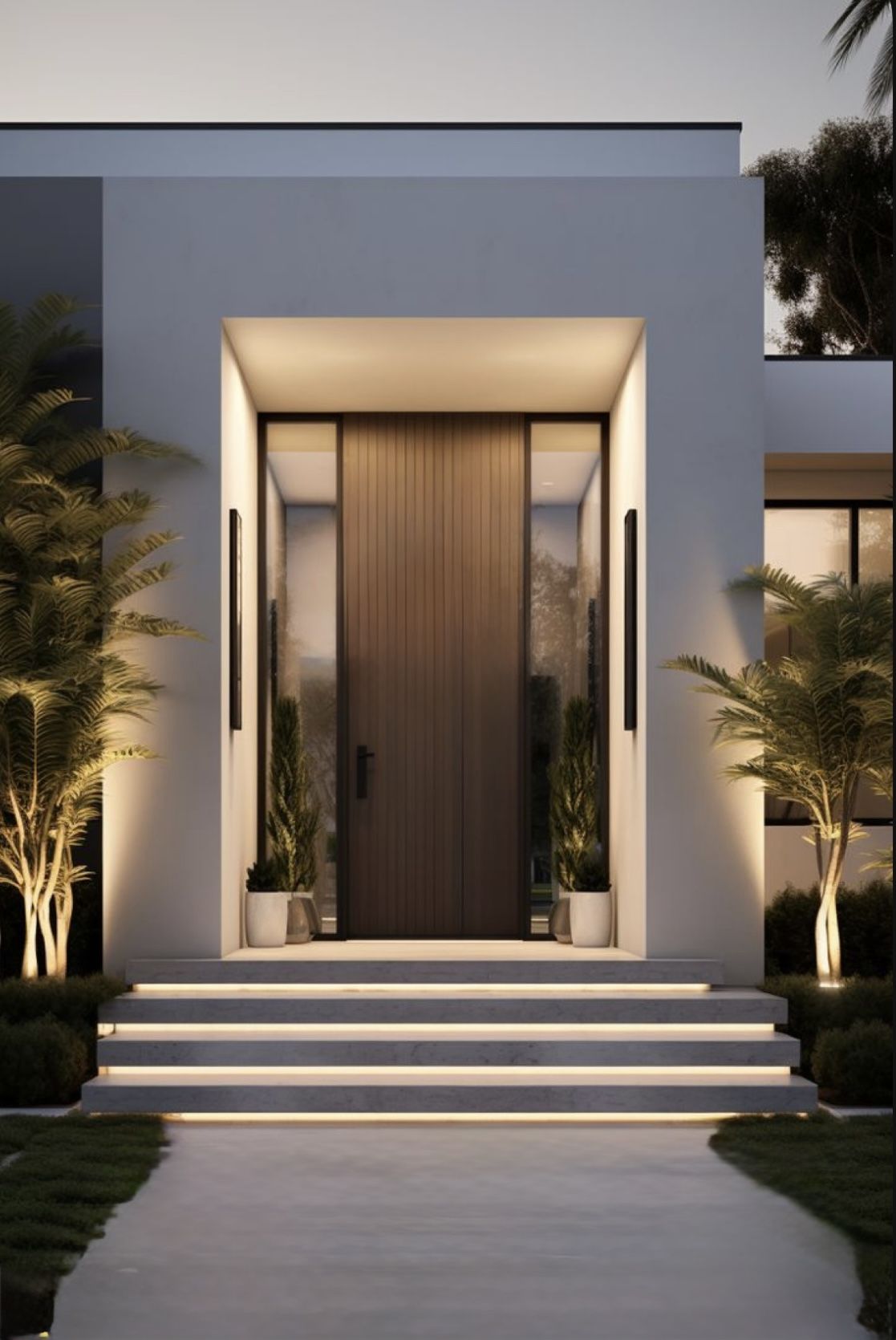 Modern front door with steps and landscaping, showcasing contemporary design.